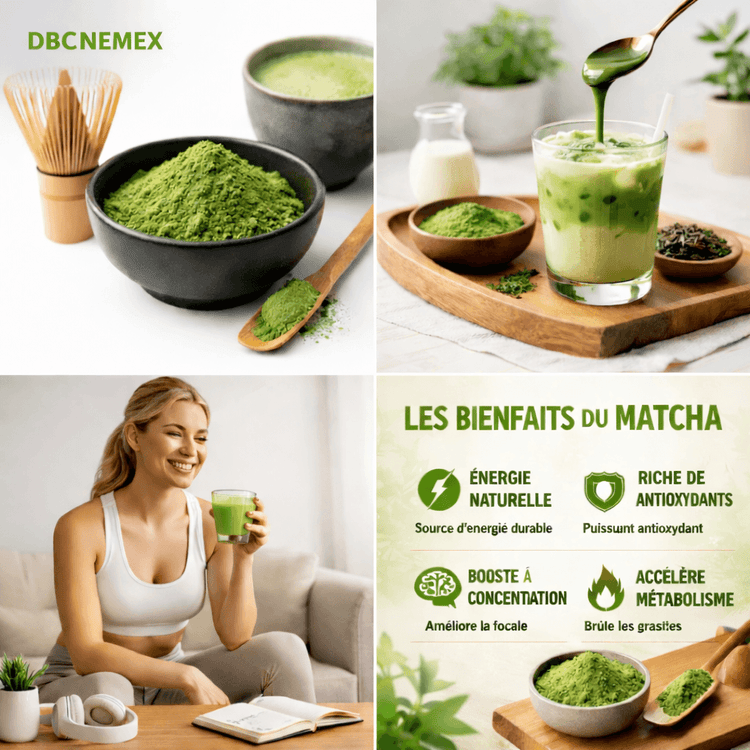 DBC NEMEX matcha powder Senegal in black bowl with spoon and whisk alongside iced matcha drink and healthy lifestyle infographic