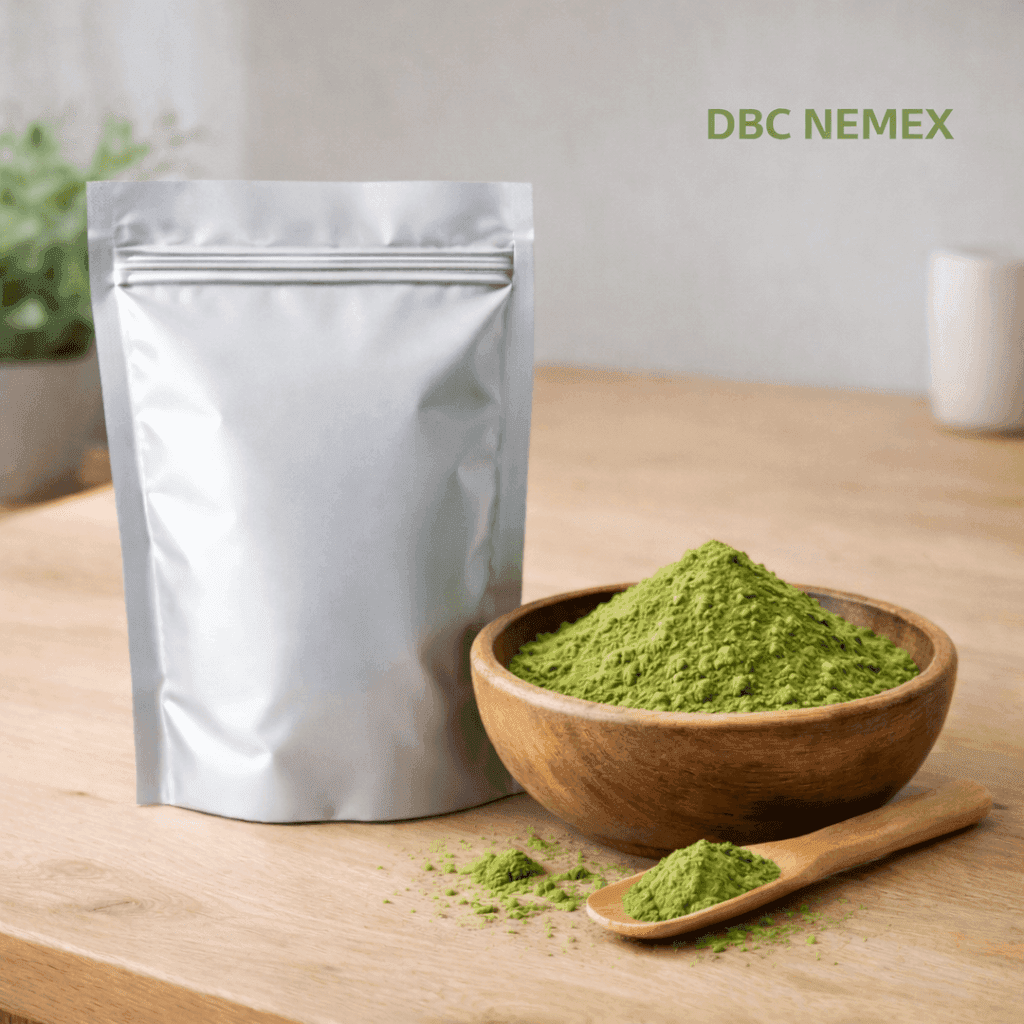 DBC NEMEX matcha powder Senegal displayed in wooden bowl and spoon next to silver resealable pouch