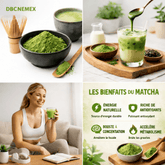 DBC NEMEX matcha powder Senegal in black bowl with spoon and whisk alongside iced matcha drink and healthy lifestyle infographic