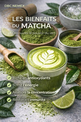 DBC Nemex matcha powder Senegal with green matcha tea and wooden scoops showcasing antioxidants and energy boost benefits