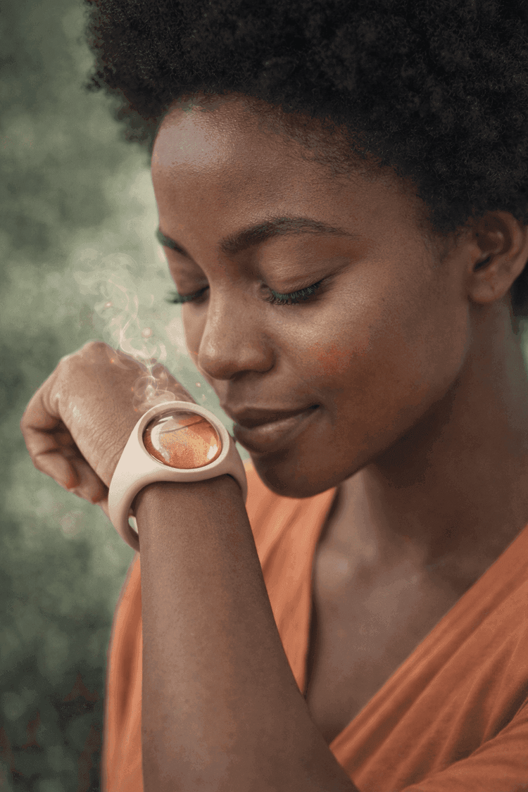 Woman wearing DBC NEMEX anti-mosquito bracelet Senegal on wrist outdoors