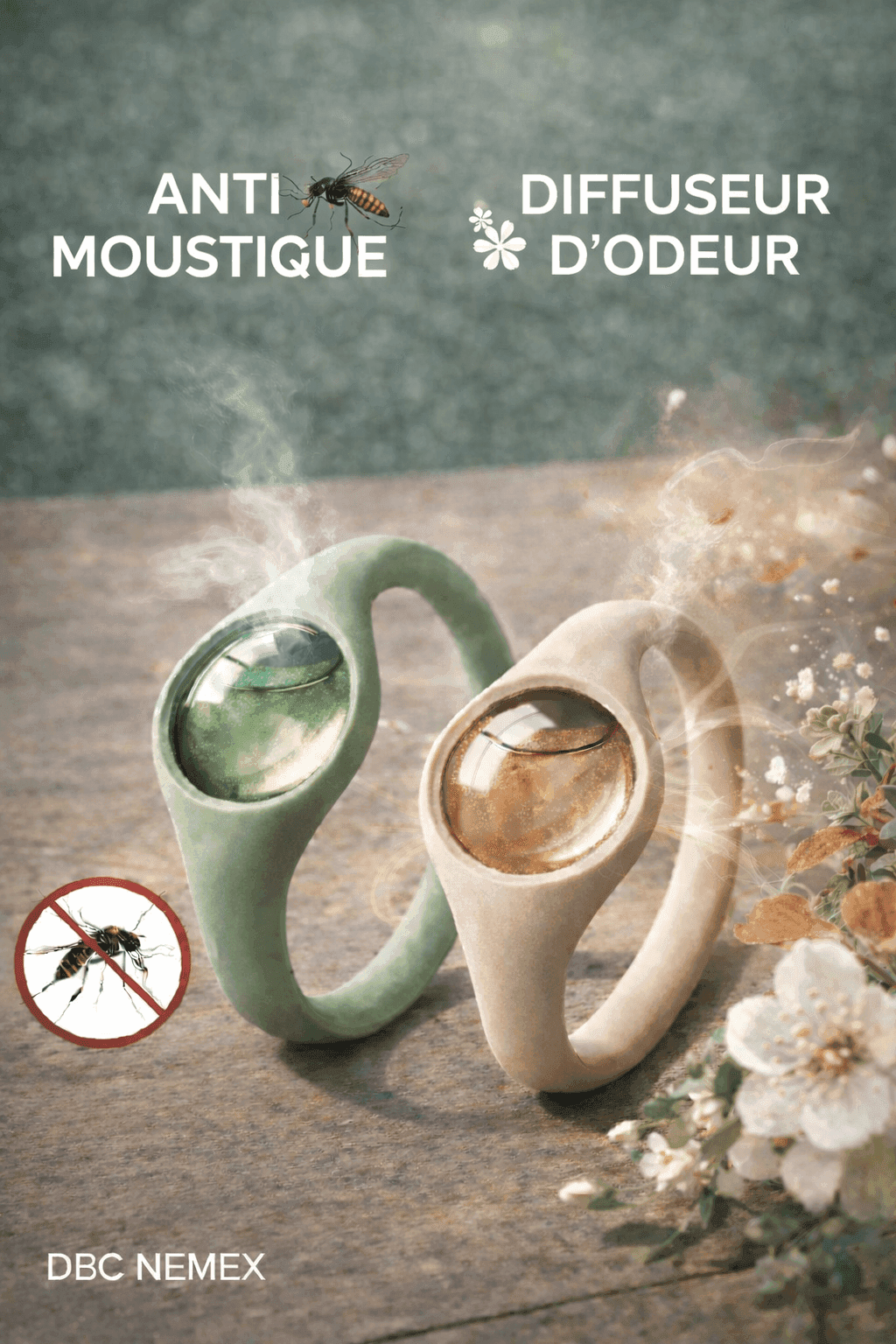 DBC NEMEX anti-mosquito bracelet Senegal in green and beige with natural diffuser for odor control